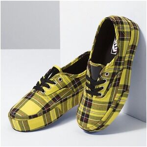 VANS Patent Plaid Authentic Platform Lemon Chrome/Black Lace-Up Shoes 8